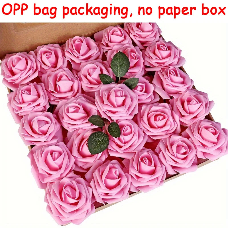 A box filled with pink artificial rose flowers, packaged without a paper box.