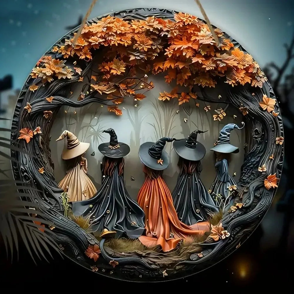 A circular wooden decor sign featuring witches and autumn leaves in a dark forest setting.