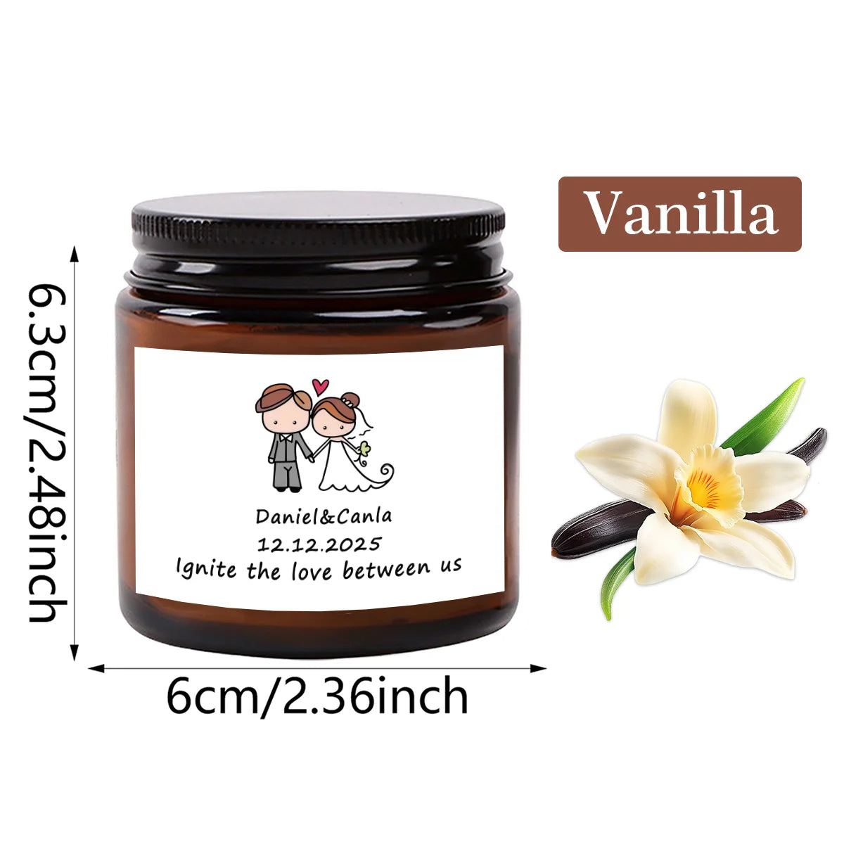 A dark glass jar of vanilla scented soy wax candle with a label featuring a couple and the text Daniel&Canla.