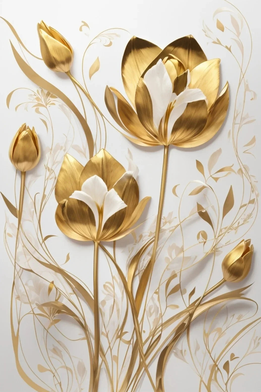 Arte floral de girasoles prensados en foil dorado con elegantes hojas y tallos sobre fondo claro