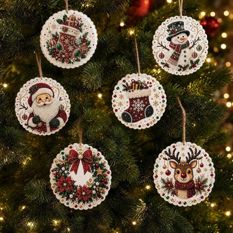 Christmas diamond painting ornaments featuring Santa, a snowman, and reindeer designs hanging on a green fir tree
