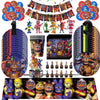 A collection of Five Nights at Freddy's themed birthday party supplies including animatronic figures and decorations.
