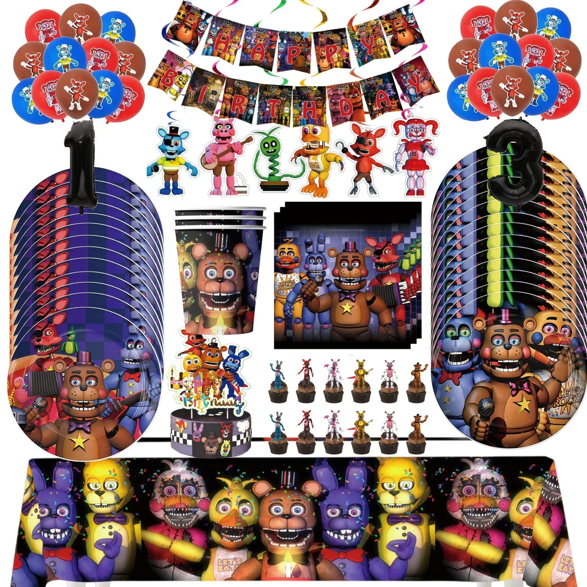 A collection of Five Nights at Freddy's themed birthday party supplies including animatronic figures and decorations.