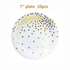 Plato blanco decorado con lunares dorados y negros, parte de un juego desechable de fiesta de 10 piezas.