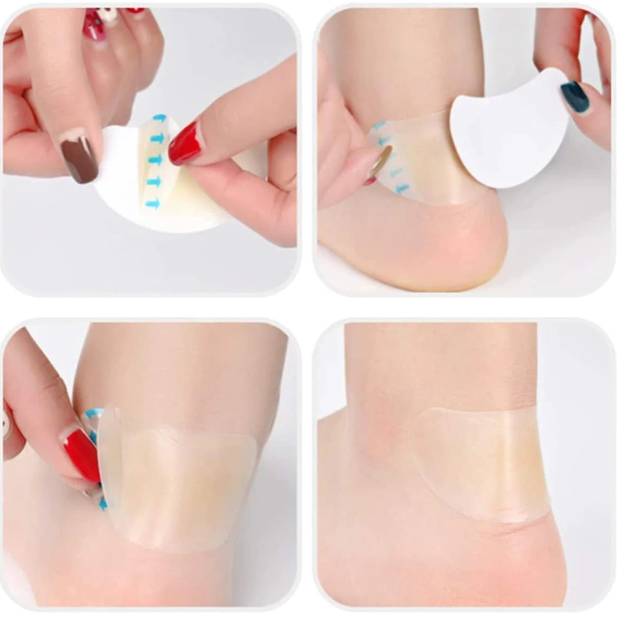 Close-up shots show invisible hydrocolloid blister plasters being applied to skin for protection.