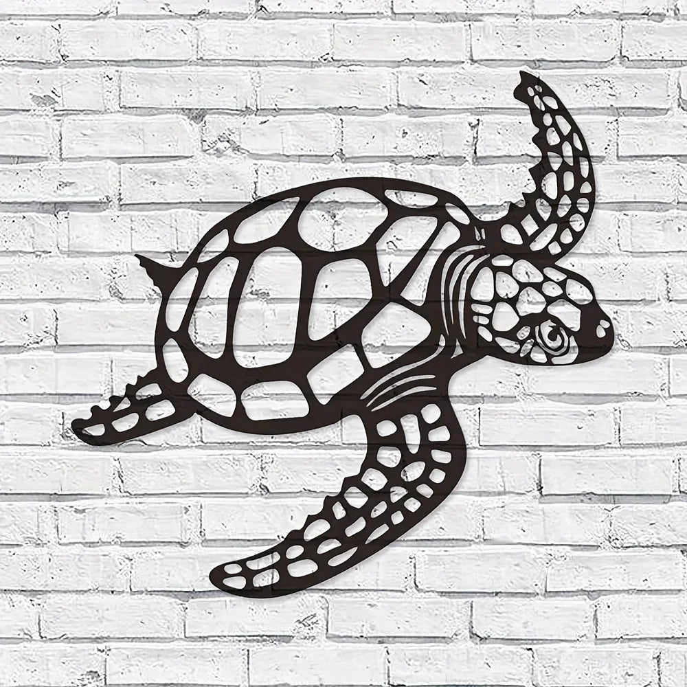 Black silhouette of a sea turtle on a white brick background.