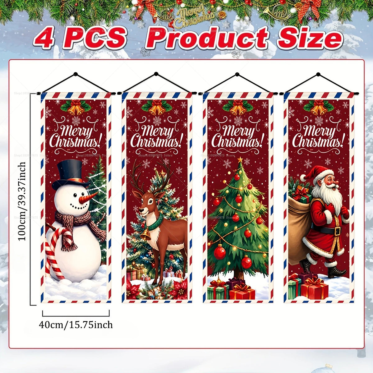 Four Christmas hanging banners featuring Santa, a snowman, and a reindeer design on red and white backgrounds