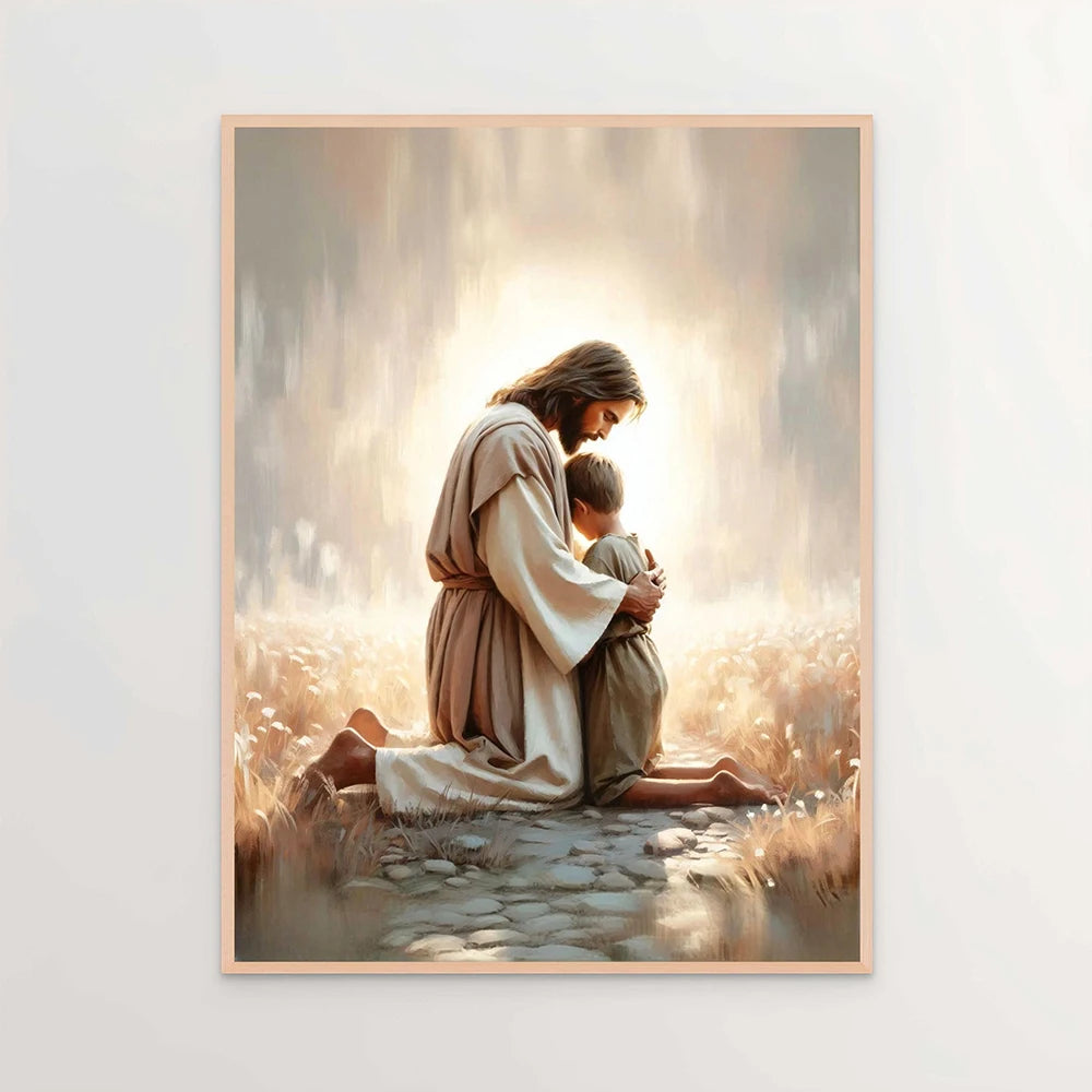 A painting depicting Jesus Christ and a child in a soft, glowing light amidst golden grass.