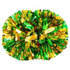 A vibrant green and gold pom pom made of shiny foil material.
