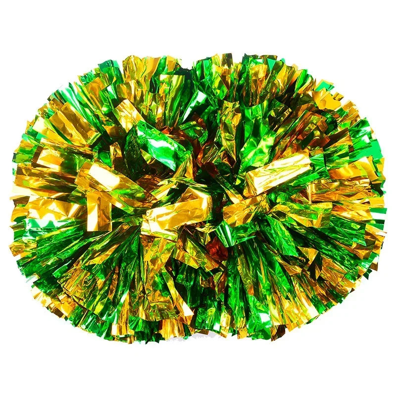 A vibrant green and gold pom pom made of shiny foil material.