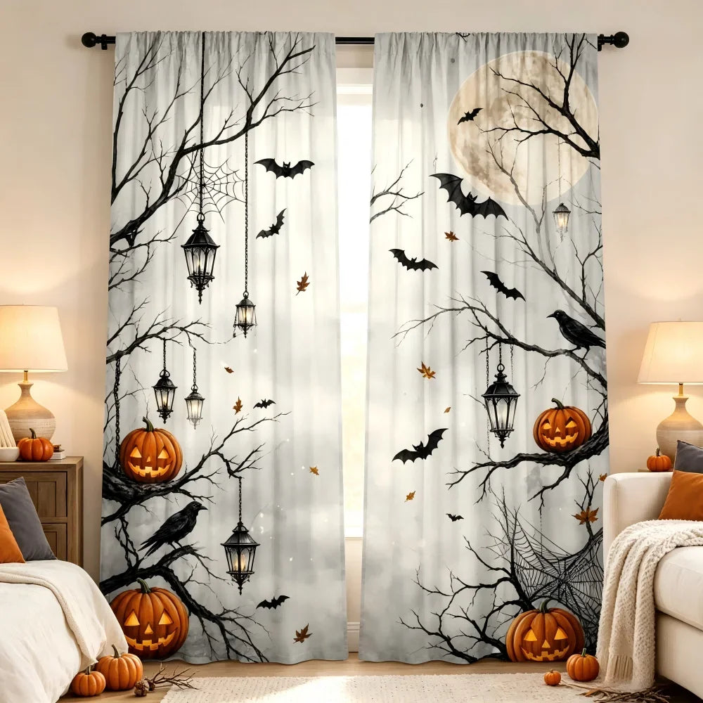 Gray curtains featuring black tree branches, bats, lanterns, and pumpkins for Halloween decor