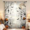 Gray curtains featuring black tree branches, bats, lanterns, and pumpkins for Halloween decor