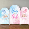 Three arched backdrop covers for baby shower decor featuring pink and blue colors with teddy bears