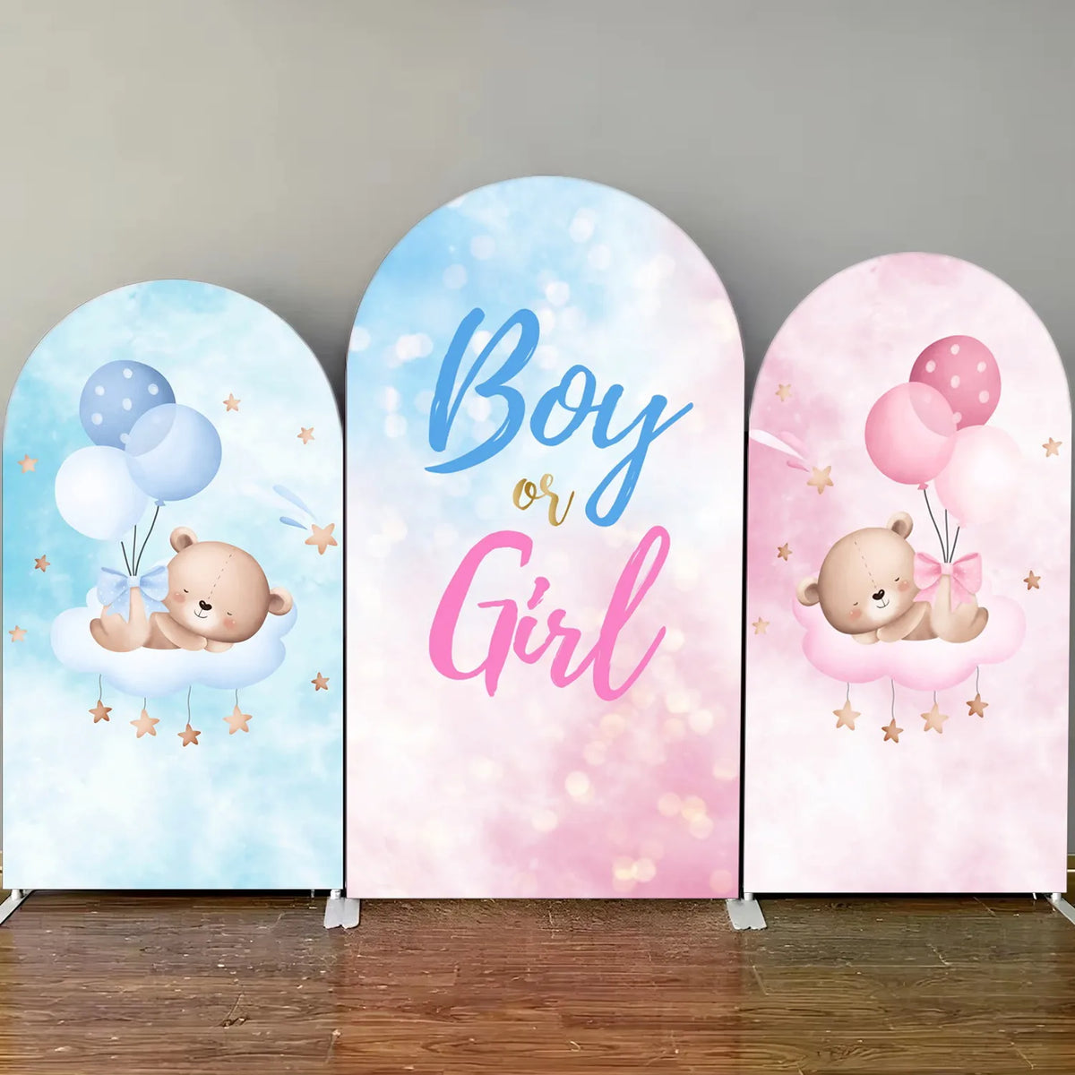Three arched backdrop covers for baby shower decor featuring pink and blue colors with teddy bears