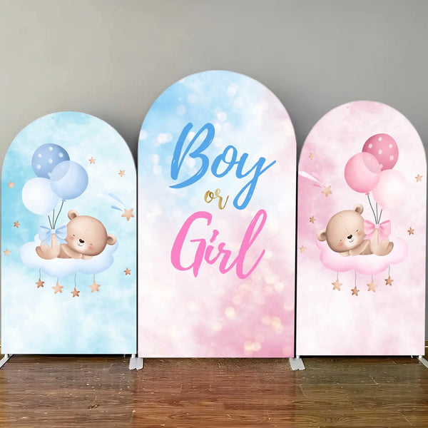Three arched backdrop covers for baby shower decor featuring pink and blue colors with teddy bears