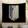 A dark banner featuring a crest design with stylized feathers on a stone wall.