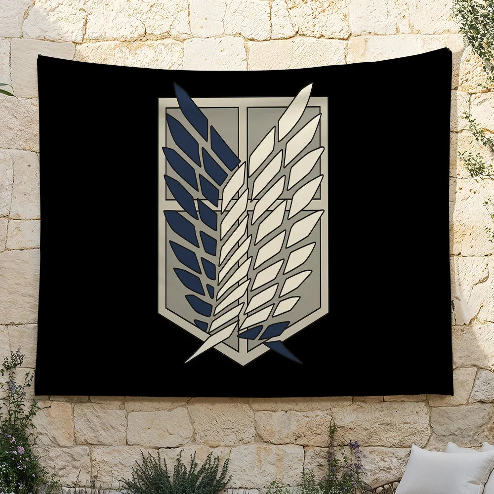 A dark banner featuring a crest design with stylized feathers on a stone wall.