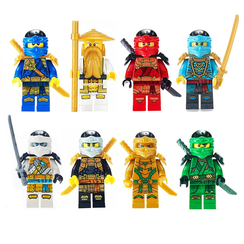 A collection of five Golden Ninja building block figures in various colors and armor designs.