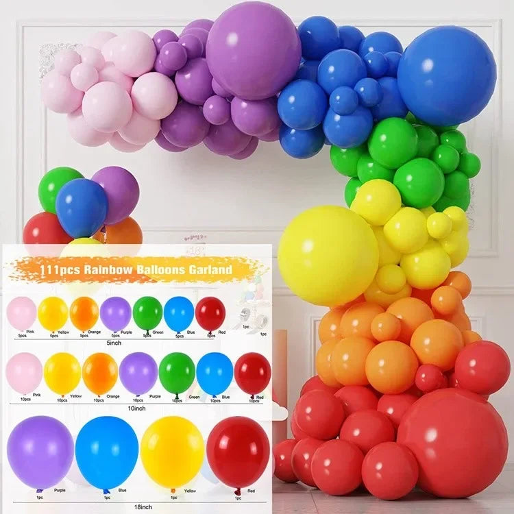 A colorful balloon garland arch kit featuring various colored balloons like purple, pink, blue, and yellow.