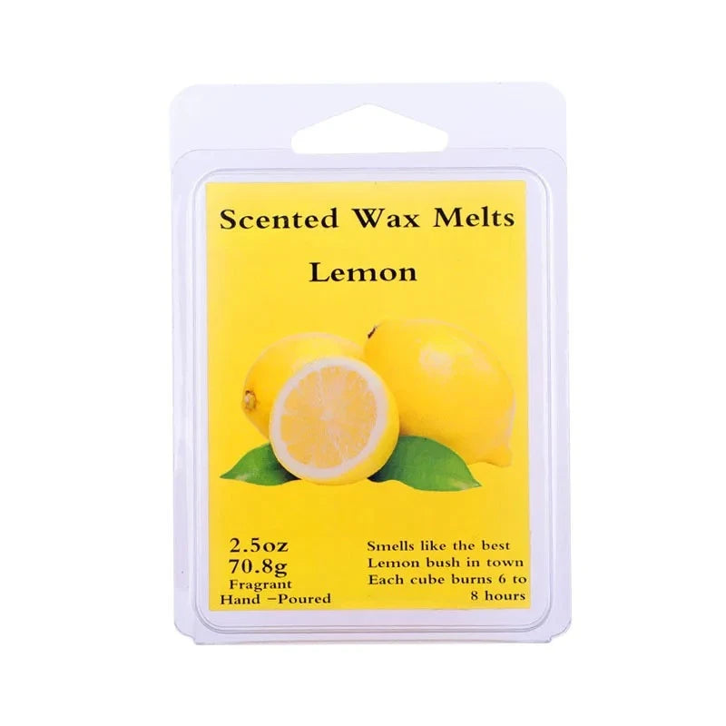 A package of scented wax melts in lemon fragrance featuring a yellow lemon illustration.