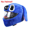 A blue cartoon plush helmet cover with a black face design.