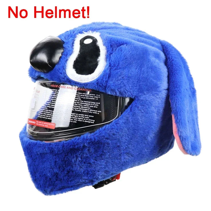 A blue cartoon plush helmet cover with a black face design.