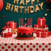 A red birthday cake with a black candle shaped like the number 7, surrounded by red gift boxes and a gold banner.
