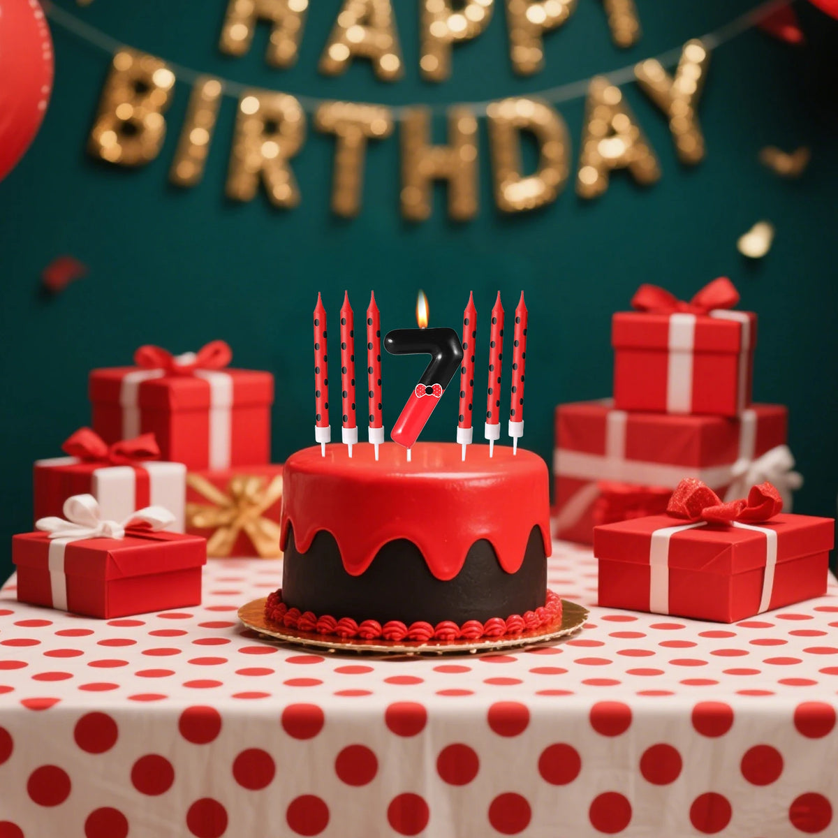 A red birthday cake with a black candle shaped like the number 7, surrounded by red gift boxes and a gold banner.