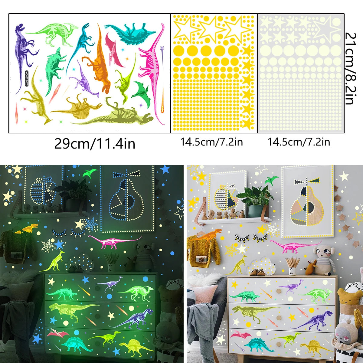 Glow-in-the-dark dinosaur wall stickers for kids' rooms featuring various dinosaurs and prehistoric elements.