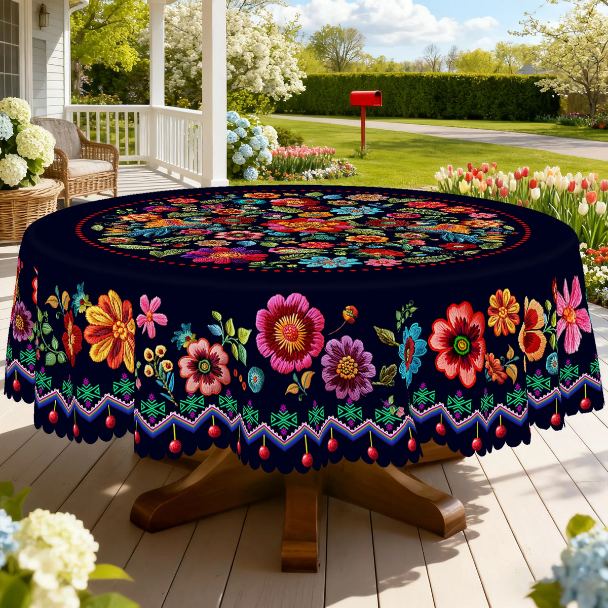 A dark blue tablecloth with a vibrant Mexican carnival floral print displayed outdoors on a wooden table.