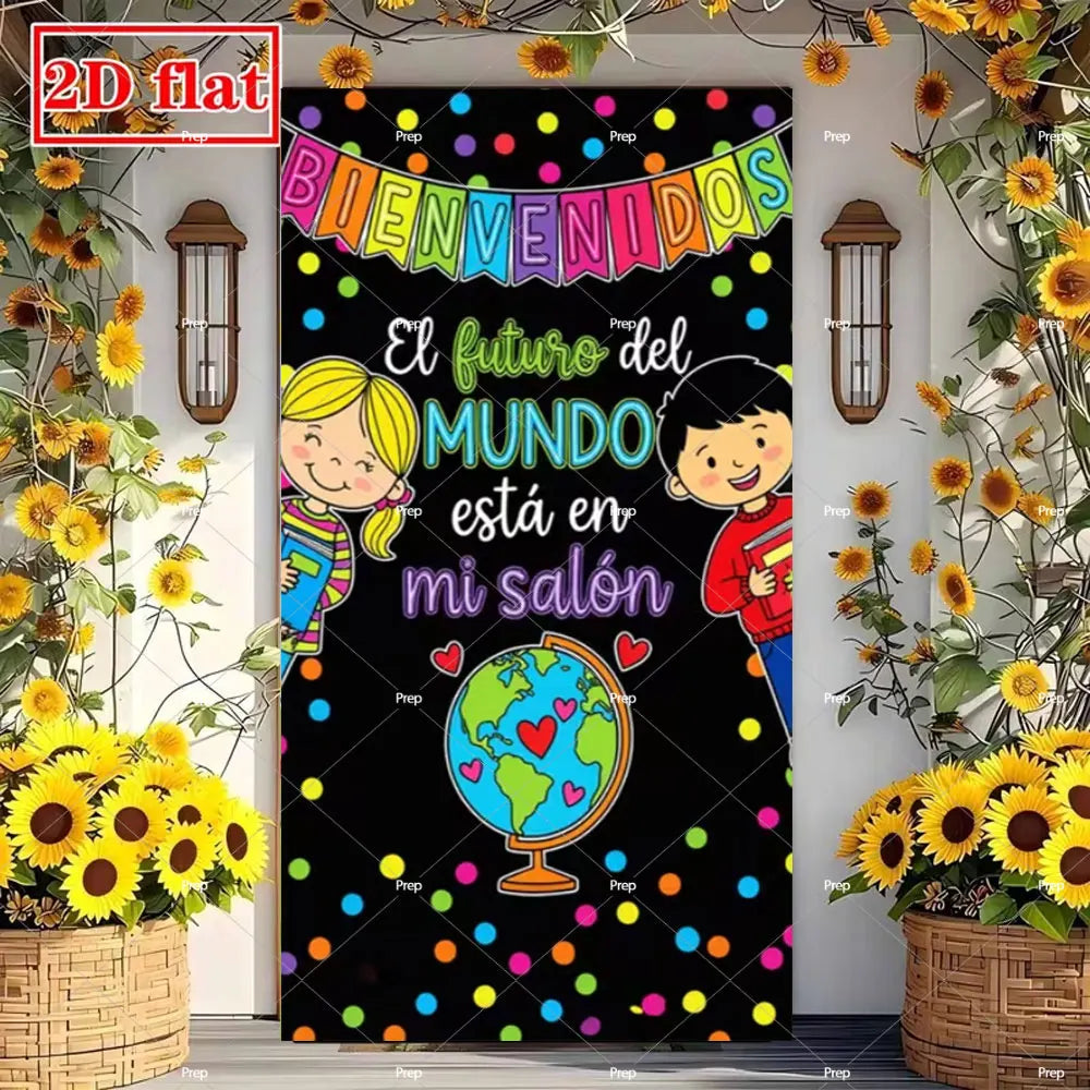 A vertical classroom door banner featuring a colorful design with the text Bienvenidos and an illustration of the Earth.