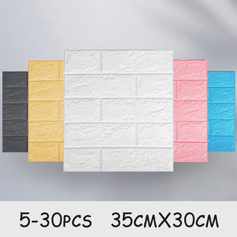 A collection of self-adhesive 3D foam wall panels in various colors including black, yellow, white, and pink, displayed side 