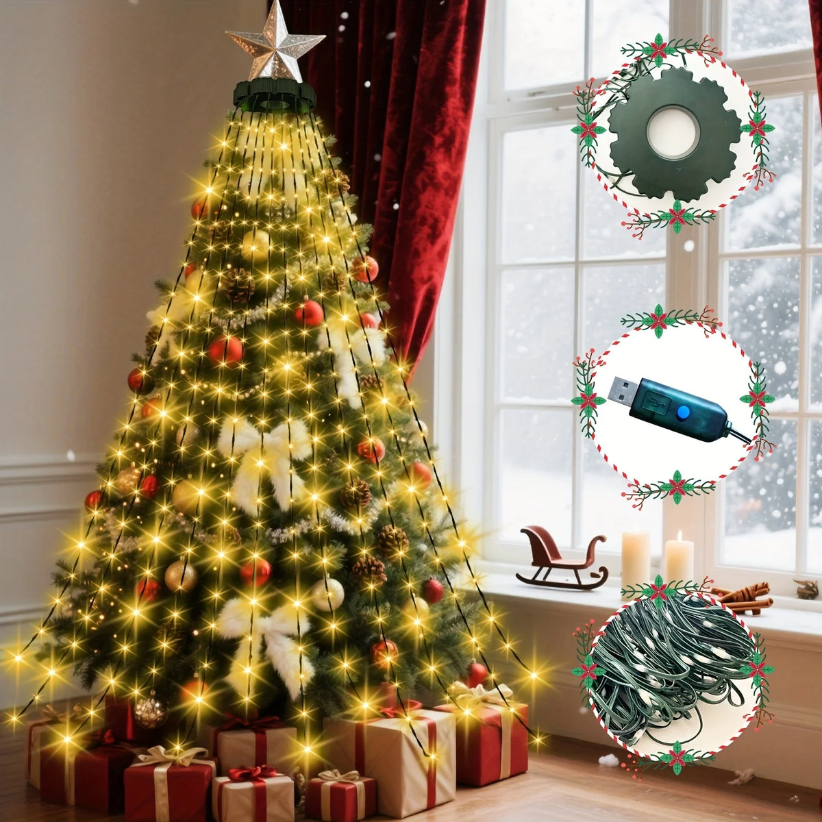 USB-Powered Waterfall Christmas Tree Lights with Remote