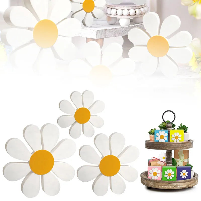 Set of three white and yellow rustic wooden daisy flower ornaments