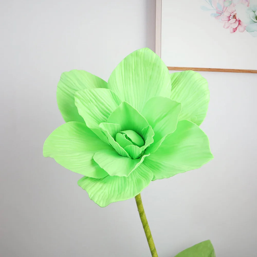 A vibrant lime green peony flower with ruffled petals and a long green stem.