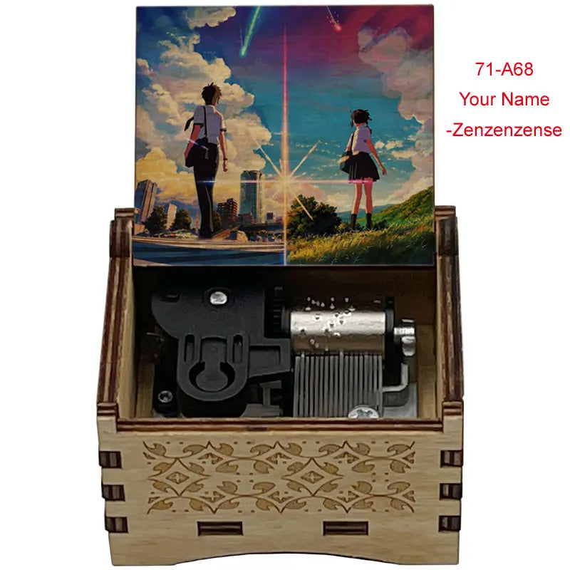 Adorno de caja de música de madera con una escena de dos figuras contra un cielo y paisaje coloridos.