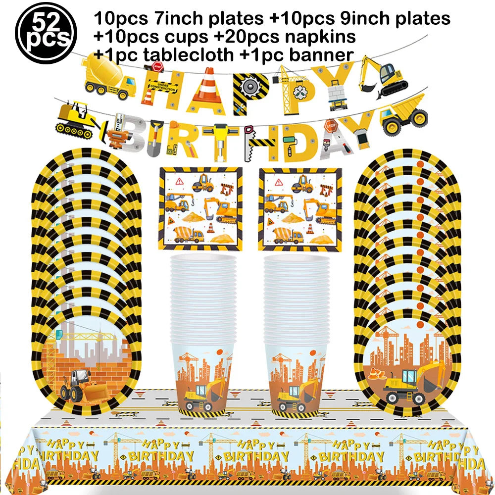 A set of construction vehicle themed birthday party tableware including plates, cups, napkins, tablecloth, and banner