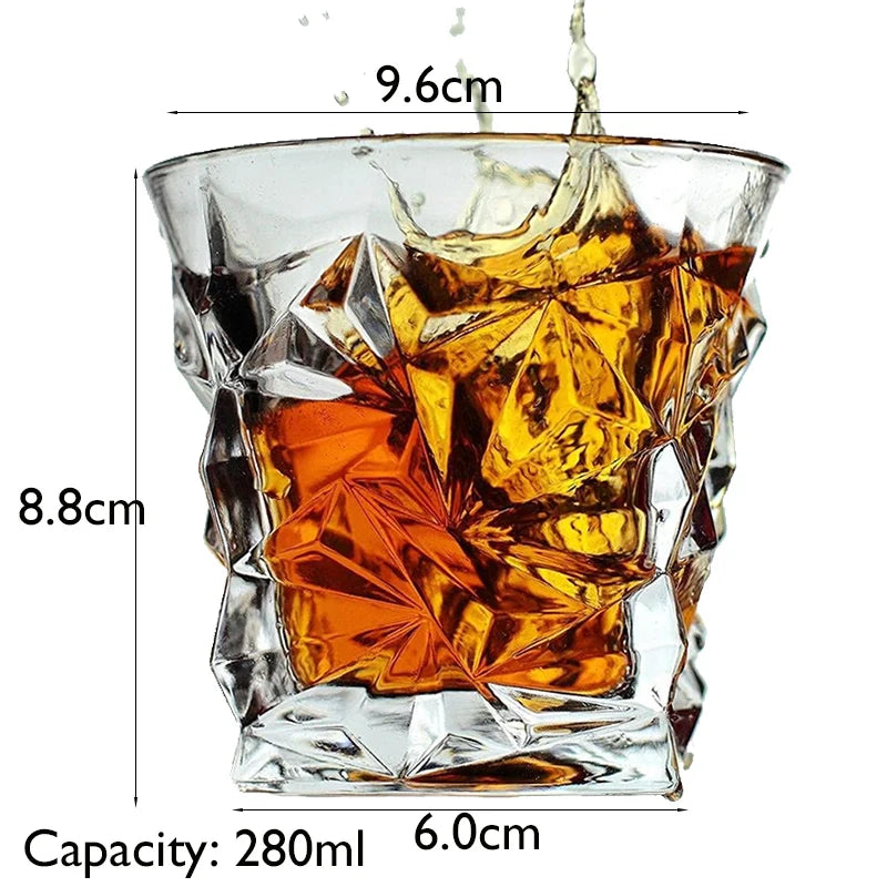 A clear whiskey glass filled with amber liquid, showing its dimensions and capacity.
