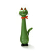 A green cat-shaped resin vase with orange ribbon and black feet.