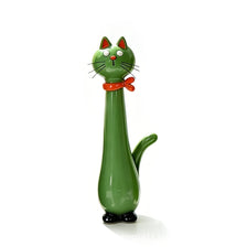 A green cat-shaped resin vase with orange ribbon and black feet.