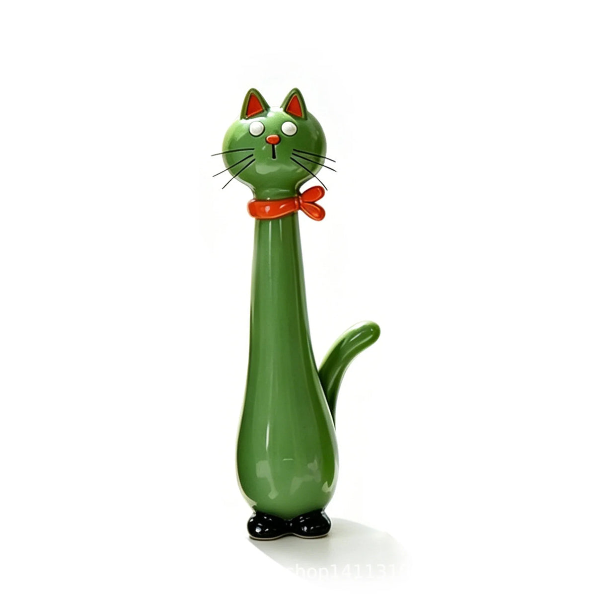A green cat-shaped resin vase with orange ribbon and black feet.