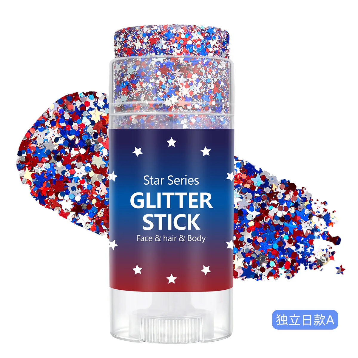 Une bouteille transparente de bâton de paillettes Star Series avec des paillettes rouges, bleues et argentées à l'intérieur.