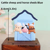 Blue wooden shed figurine featuring a cattle sheep and horse, measuring 8.4cm tall.