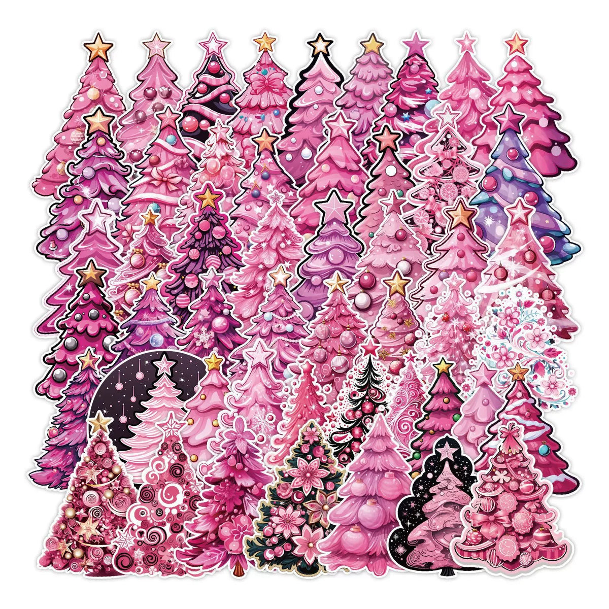 A collection of cute pink graffiti stickers shaped like Christmas trees and stars.