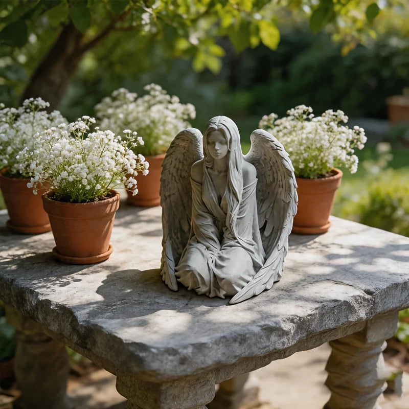 Una estatua de ángel decorativa gris claro con alas, sentada en una mesa de piedra exterior rodeada de flores blancas en mace