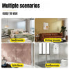 Multiple scenarios showing metallic gold striped peel-and-stick wallpaper in a bedroom, living room, kitchen, and bathroom.