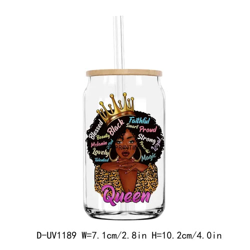 A clear tumbler with a gold crown design featuring a black woman's face and the word Queen