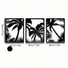 Three black metal wall decor panels featuring silhouettes of palm trees.