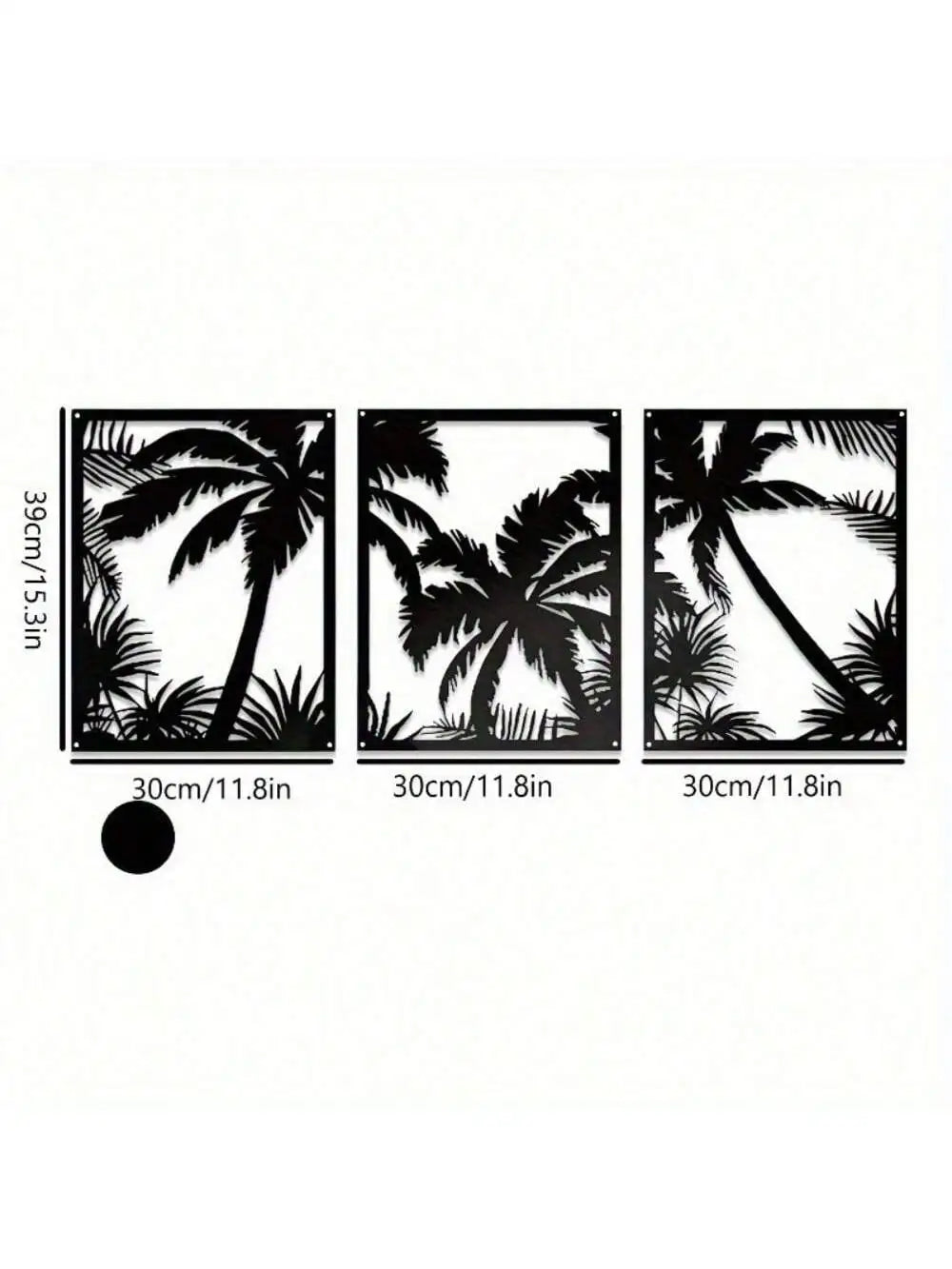 Three black metal wall decor panels featuring silhouettes of palm trees.