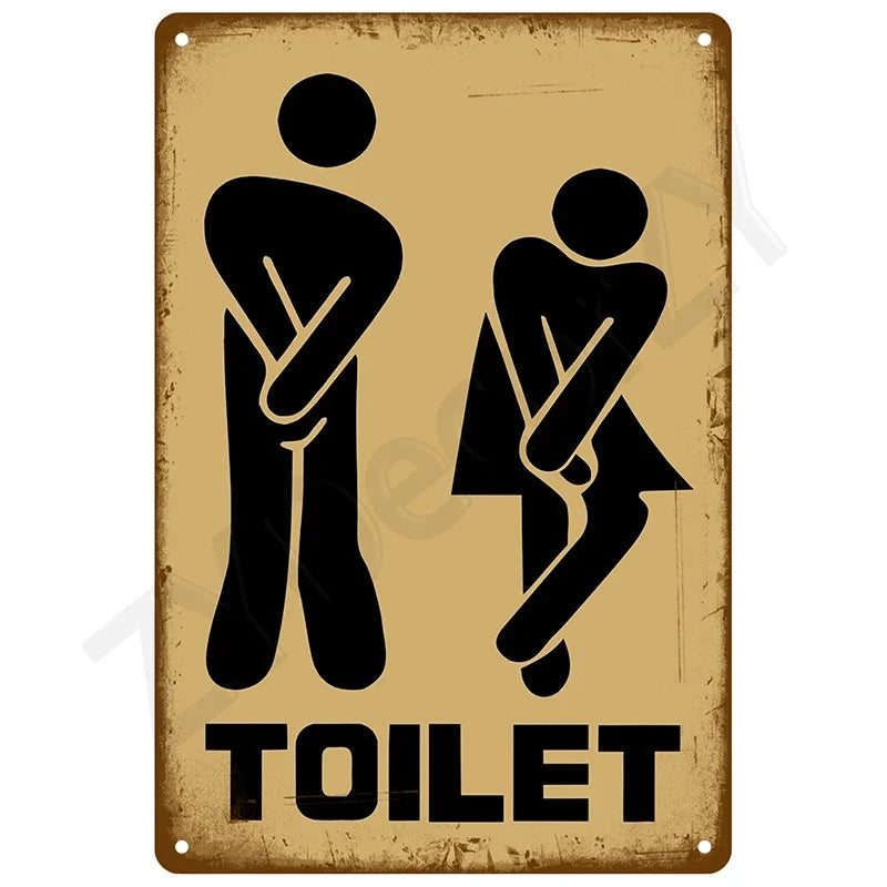 A vintage brown tin sign with a black silhouette of a person indicating a toilet.